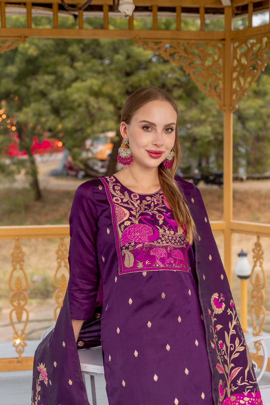 Sanaya Purple Grace – Embroidered Suit with Jacquard Dupatta