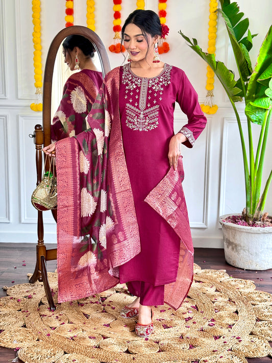 RED COLOURED  WOMEN'S VISCOSE CHANDERI EMBROIDERED  KURTA WITH PANT DUPATTA SET