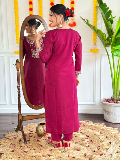 RED COLOURED  WOMEN'S VISCOSE CHANDERI EMBROIDERED  KURTA WITH PANT DUPATTA SET