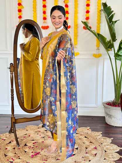 YELLOW  COLOURED  WOMEN'S VISCOSE CHANDERI  EMBROIDERED  KURTA WITH PANT DUPATTA SET