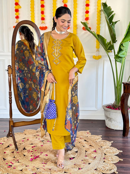 YELLOW  COLOURED  WOMEN'S VISCOSE CHANDERI  EMBROIDERED  KURTA WITH PANT DUPATTA SET