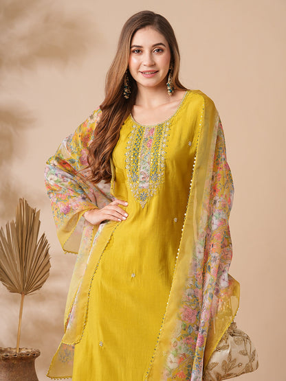 SHREE YELLOW  COLOURED  WOMEN'S CHANDERI COTTON EMBROIDERED  KURTA WITH PANT DUPATTA SET