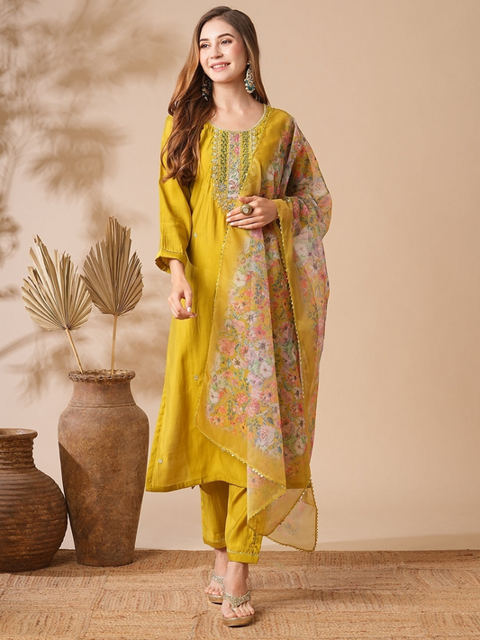 SHREE YELLOW  COLOURED  WOMEN'S CHANDERI COTTON EMBROIDERED  KURTA WITH PANT DUPATTA SET