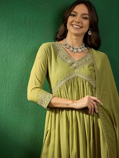 MAHENDI  COLOURED  WOMEN'S GEORGETTE ZOMATO  EMBROIDERED  KURTA WITH PANT DUPATTA SET