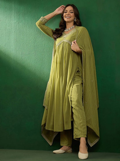 MAHENDI  COLOURED  WOMEN'S GEORGETTE ZOMATO  EMBROIDERED  KURTA WITH PANT DUPATTA SET