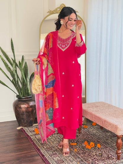 SIYA PINK COLOURED  WOMEN'S VISCOSE CHANDERI  EMBROIDERED  KURTA WITH PANT DUPATTA SET