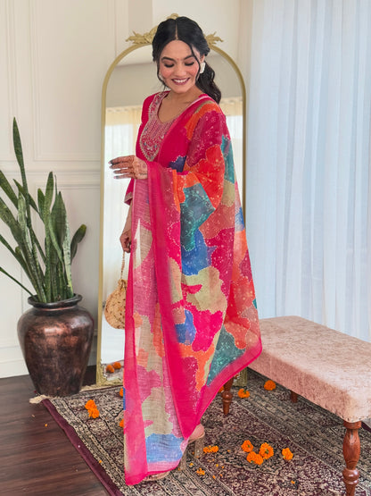 SIYA PINK COLOURED  WOMEN'S VISCOSE CHANDERI  EMBROIDERED  KURTA WITH PANT DUPATTA SET