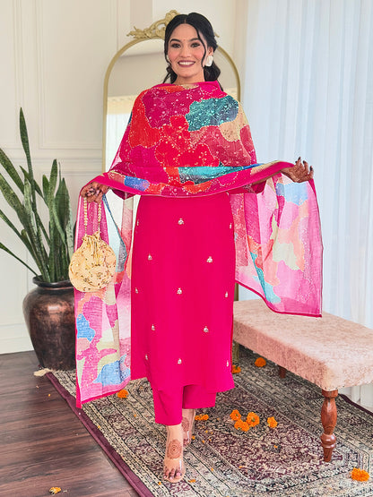 SIYA PINK COLOURED  WOMEN'S VISCOSE CHANDERI  EMBROIDERED  KURTA WITH PANT DUPATTA SET
