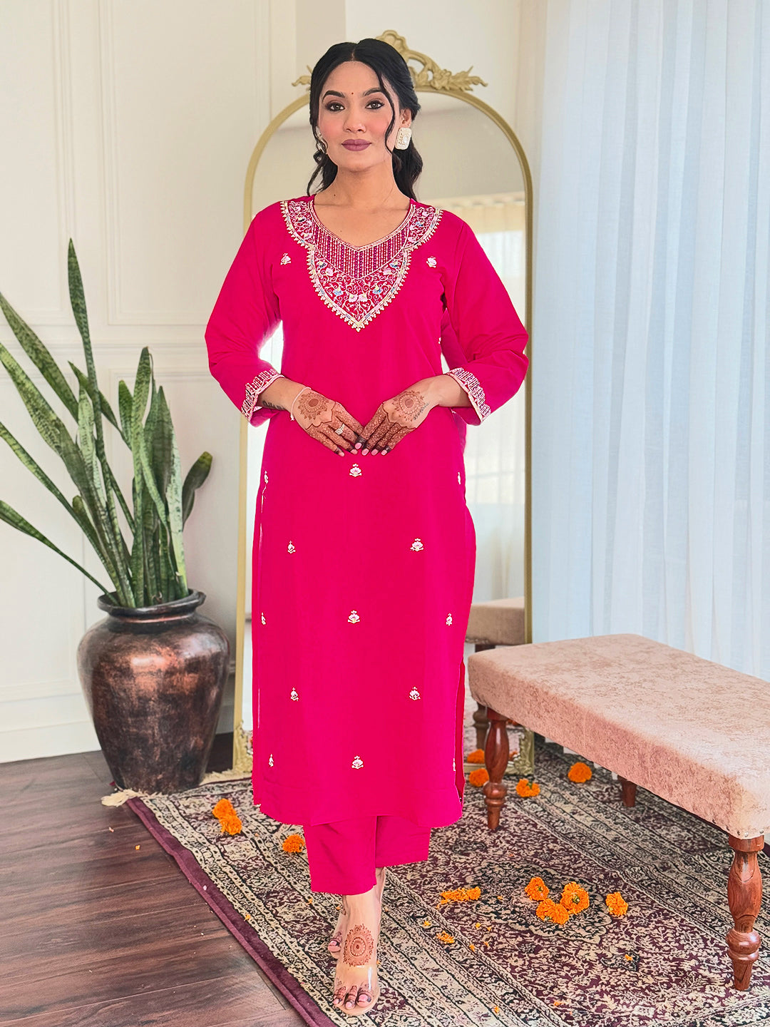 SIYA PINK COLOURED  WOMEN'S VISCOSE CHANDERI  EMBROIDERED  KURTA WITH PANT DUPATTA SET