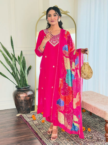 SIYA PINK COLOURED  WOMEN'S VISCOSE CHANDERI  EMBROIDERED  KURTA WITH PANT DUPATTA SET