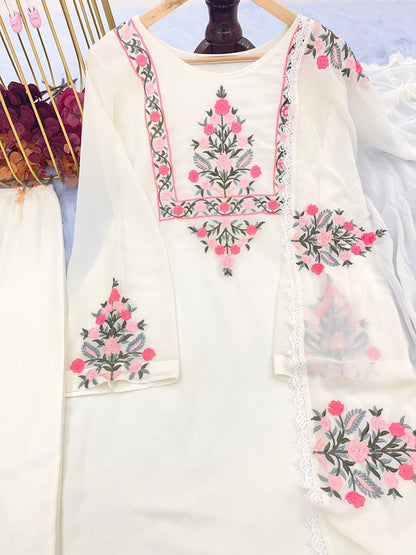 SUCHI WHITE COLOURED  WOMEN'S  HEAVY FAUX GEORGETTE  EMBROIDERED  KURTA WITH PANT DUPATTA  SET