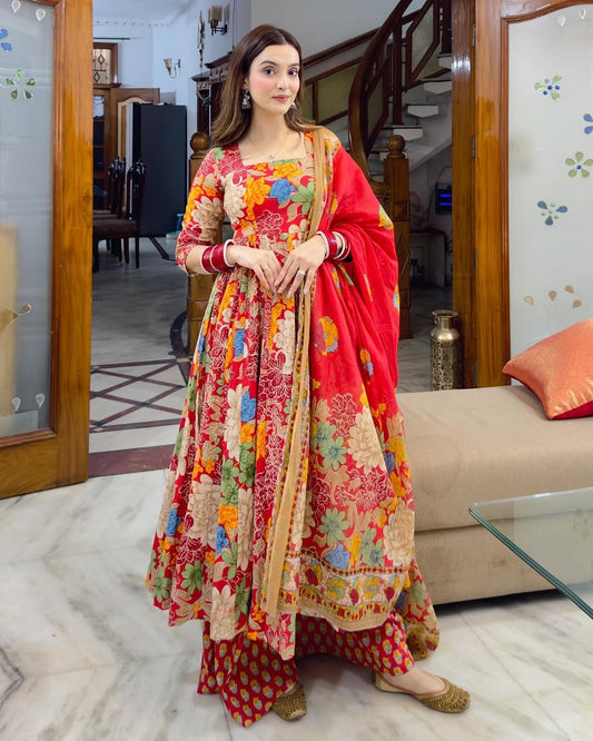 RED COLOURED  WOMEN'S CHANDERI COTTON KURTA WITH PANT DUPATTA  SET