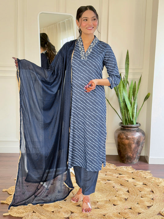 BLUE YELLOW COLOURED  WOMEN'S MUSLIN  EMBROIDERED  KURTA WITH PANT DUPATTA SET