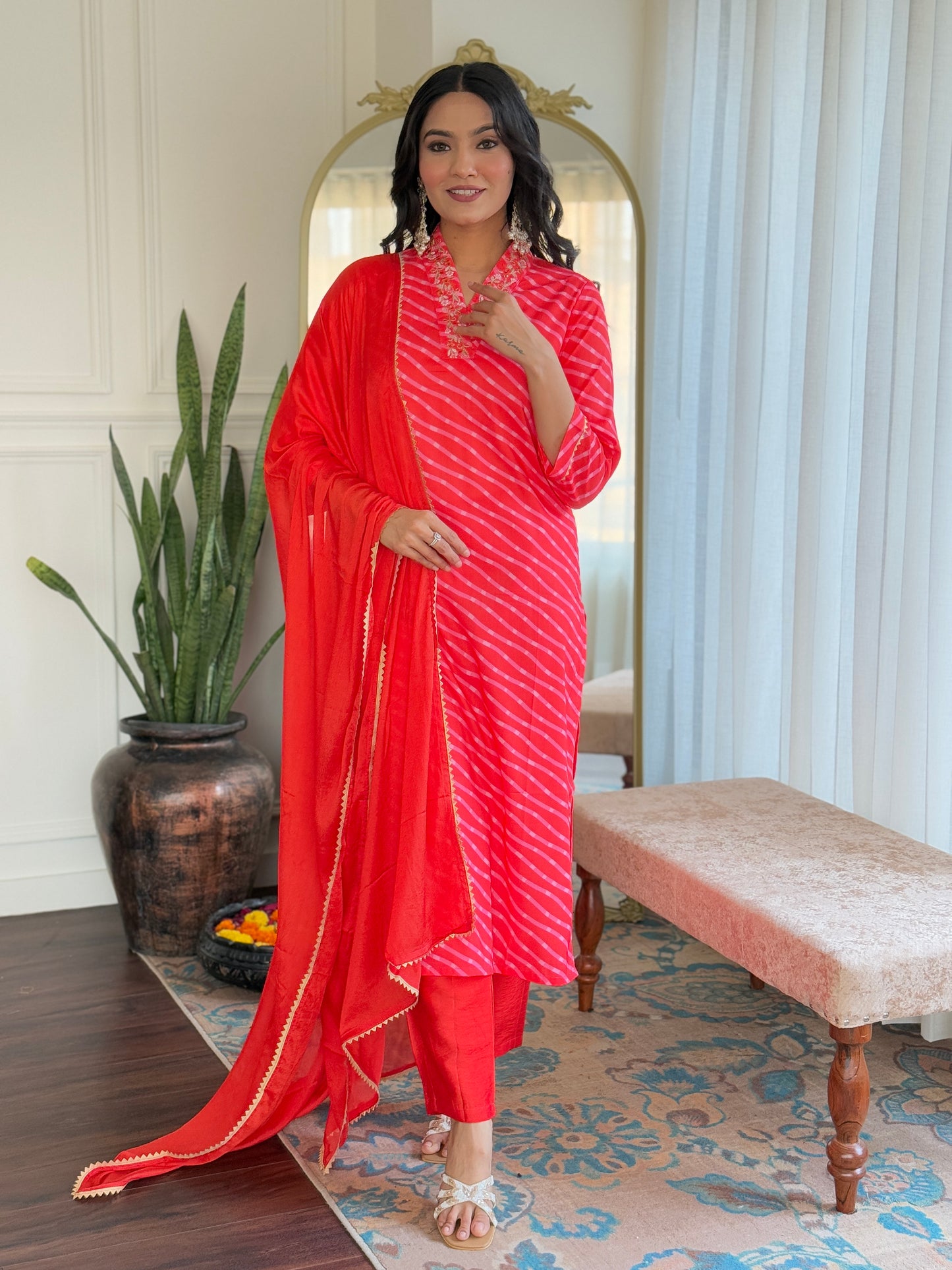 ORANGE  COLOURED  WOMEN'S MUSLIN  EMBROIDERED  KURTA WITH PANT DUPATTA SET
