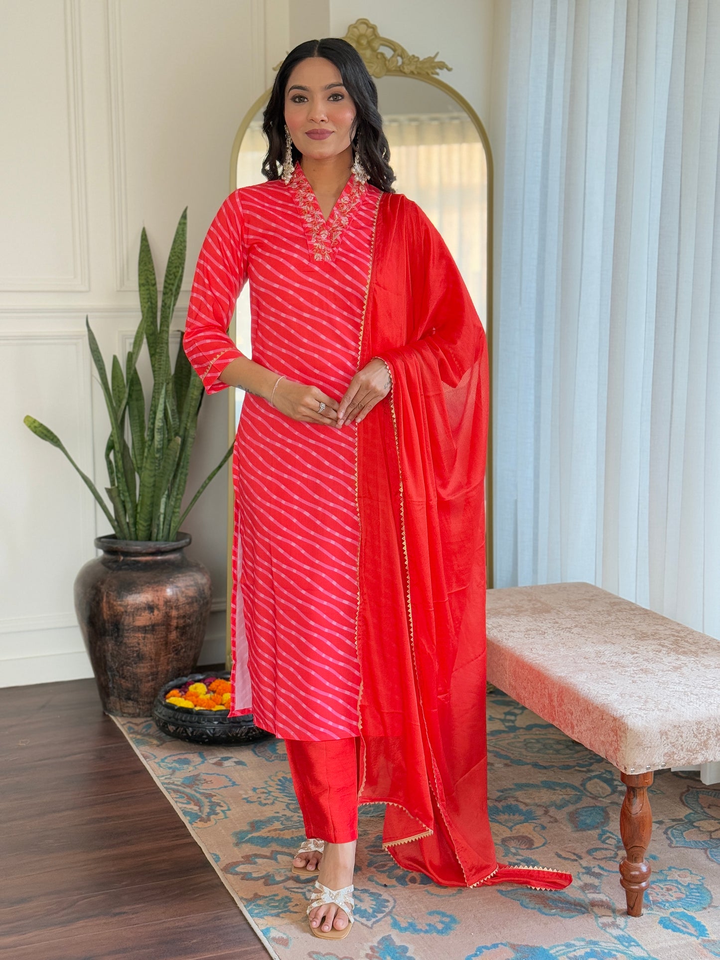 ORANGE  COLOURED  WOMEN'S MUSLIN  EMBROIDERED  KURTA WITH PANT DUPATTA SET