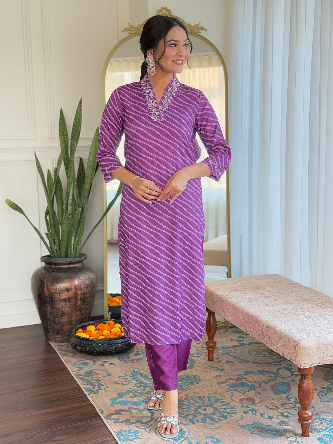 PURPLE   COLOURED  WOMEN'S MUSLIN  EMBROIDERED  KURTA WITH PANT DUPATTA SET