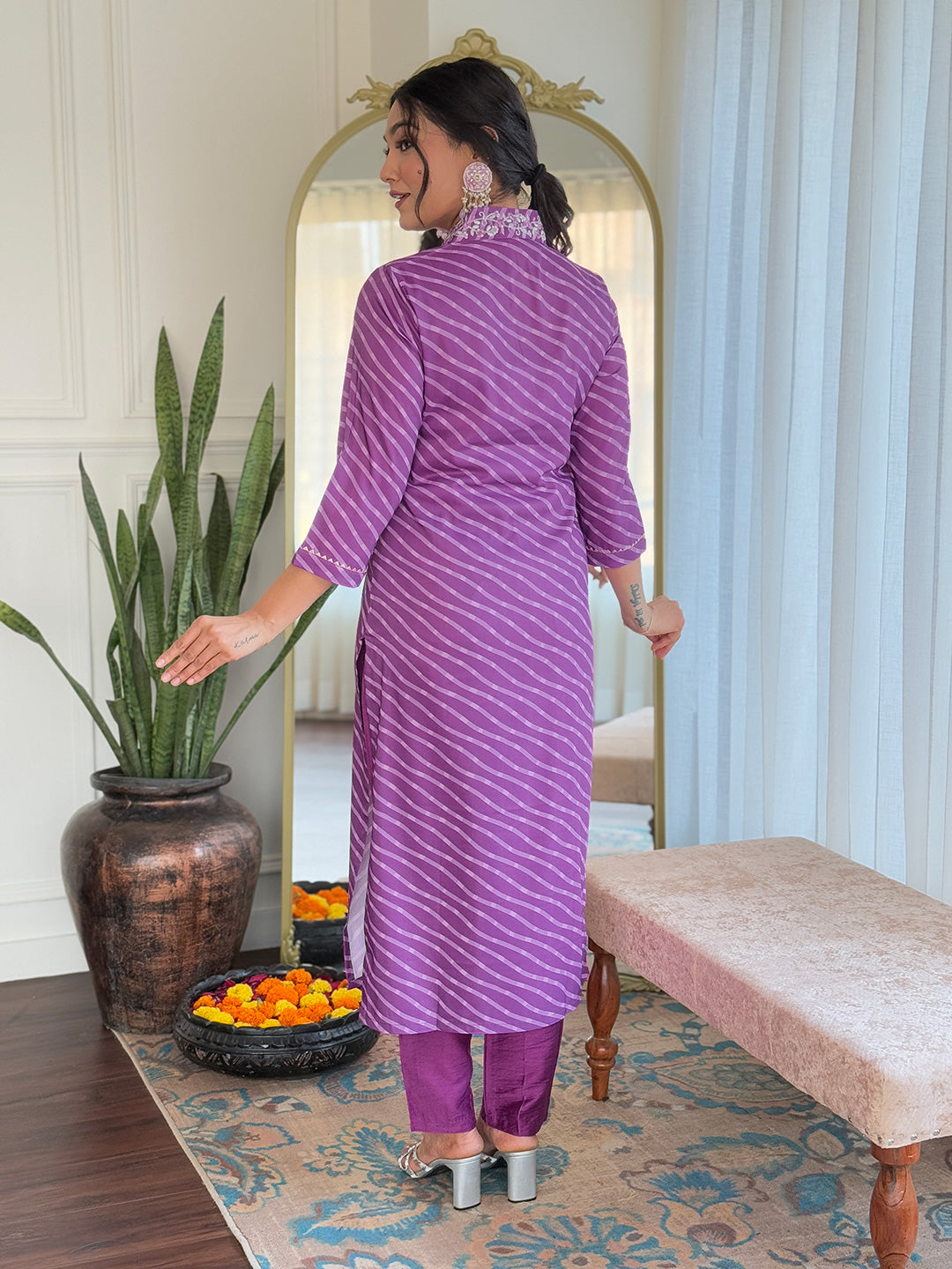 PURPLE   COLOURED  WOMEN'S MUSLIN  EMBROIDERED  KURTA WITH PANT DUPATTA SET