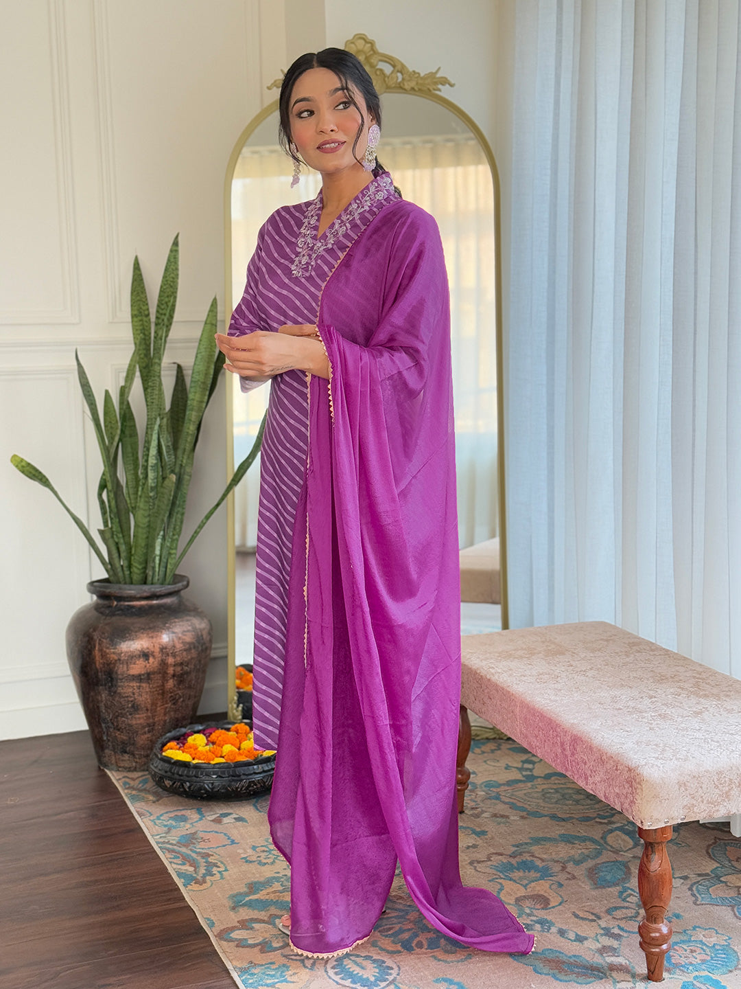 PURPLE   COLOURED  WOMEN'S MUSLIN  EMBROIDERED  KURTA WITH PANT DUPATTA SET