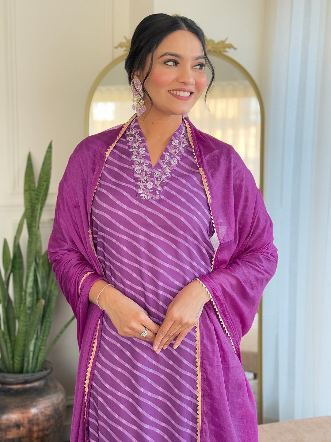 PURPLE   COLOURED  WOMEN'S MUSLIN  EMBROIDERED  KURTA WITH PANT DUPATTA SET