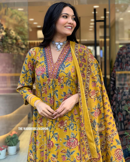 TANVI YELLOW  COLOURED  WOMEN'S VISCOSE CHANDERI EMBROIDERED  KURTA WITH PANT DUPATTA SET
