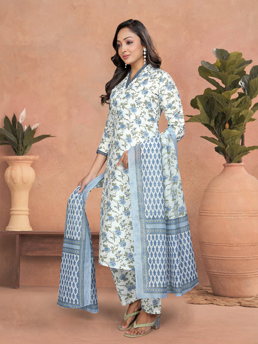 TEAL COLOURED  WOMEN'S COTTON SLUB  KURTA WITH PANT DUPATTA  SET