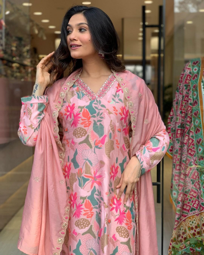 LIGHAT PINK  COLOURED  WOMEN'S COTTON  EMBROIDERED  KURTA WITH PANT DUPATTA SET