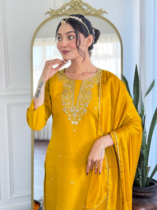 YELLOW COLOURED  WOMEN'S COTTON  EMBROIDERED  KURTA WITH PANT DUPATTA SET
