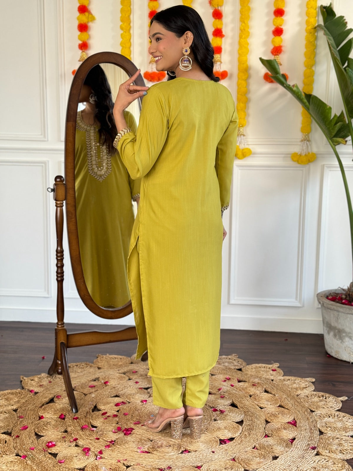 YELLOW COLOURED  WOMEN'S COTTON  EMBROIDERED  KURTA WITH PANT DUPATTA SET