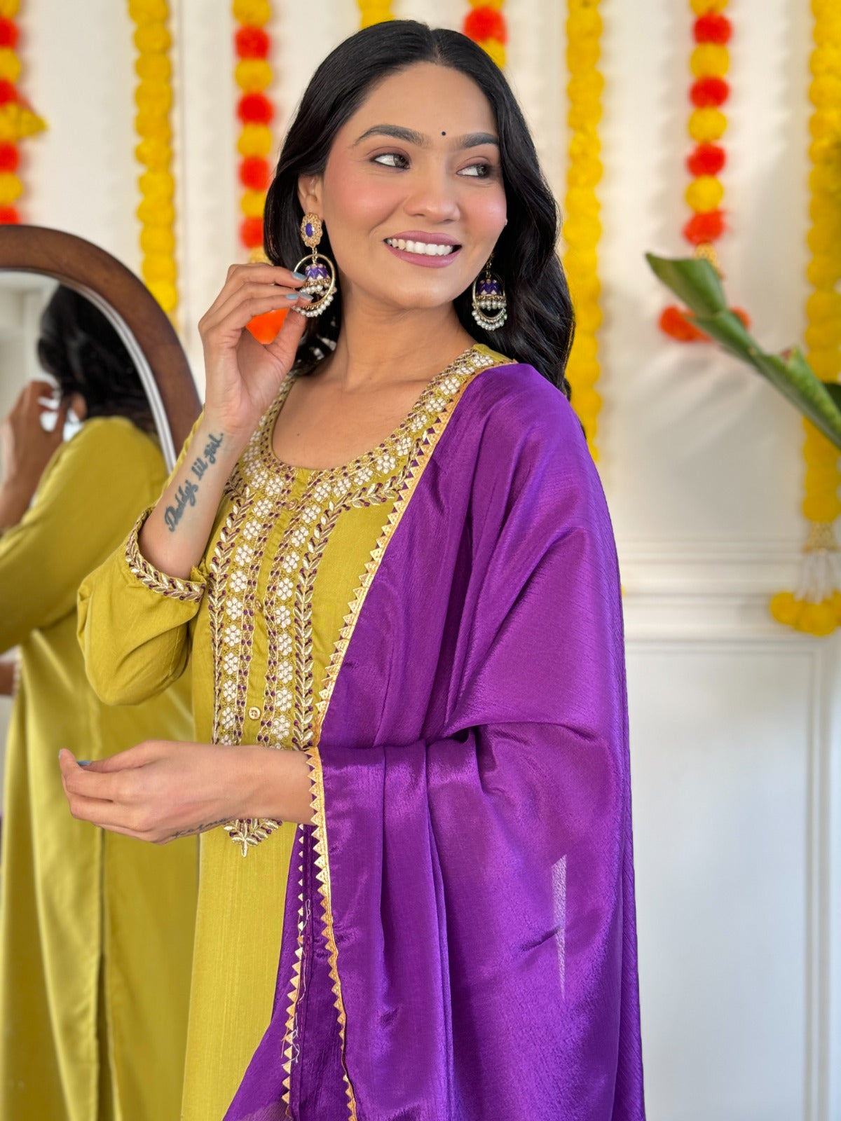 YELLOW COLOURED  WOMEN'S COTTON  EMBROIDERED  KURTA WITH PANT DUPATTA SET