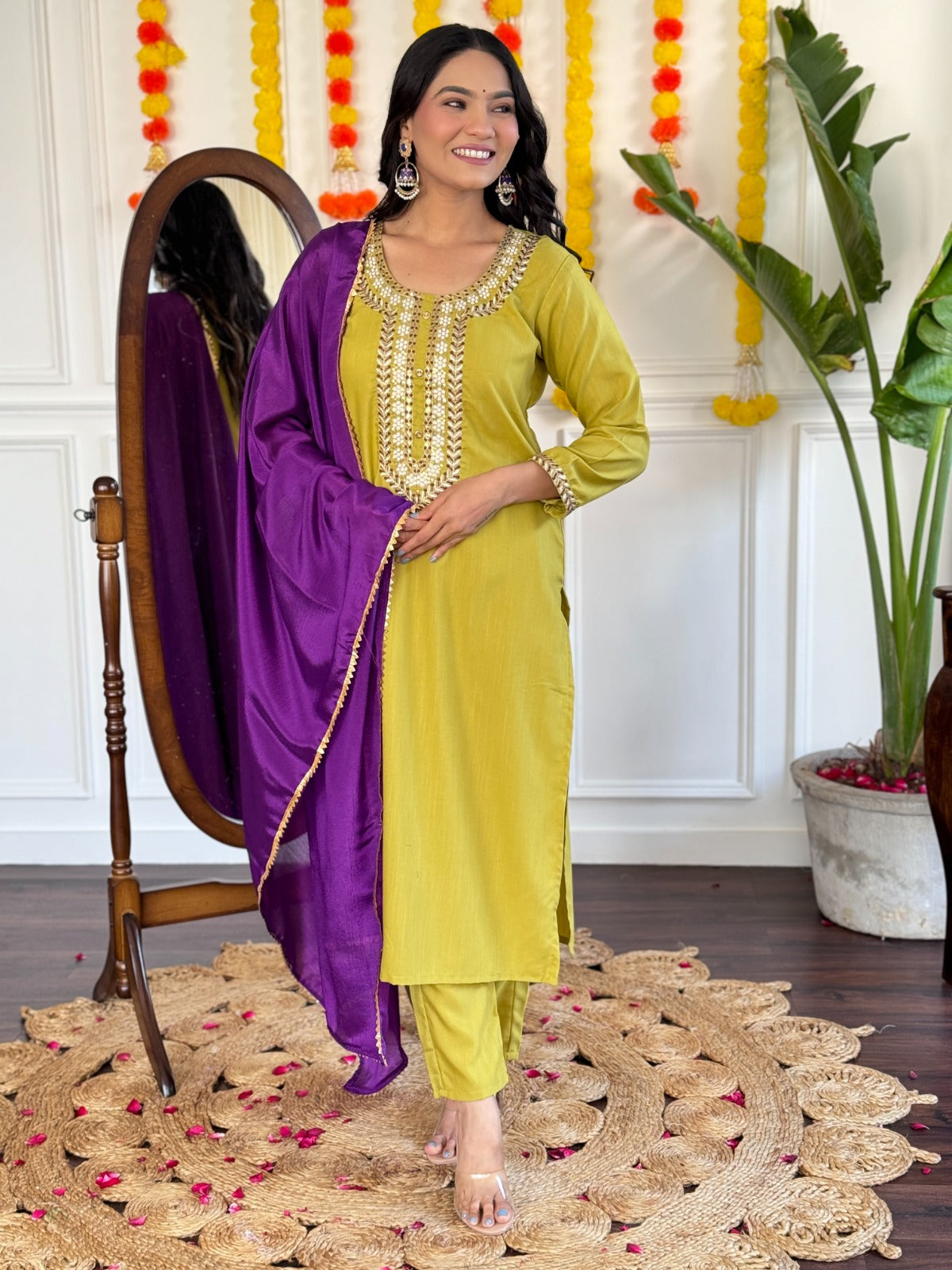YELLOW COLOURED  WOMEN'S COTTON  EMBROIDERED  KURTA WITH PANT DUPATTA SET