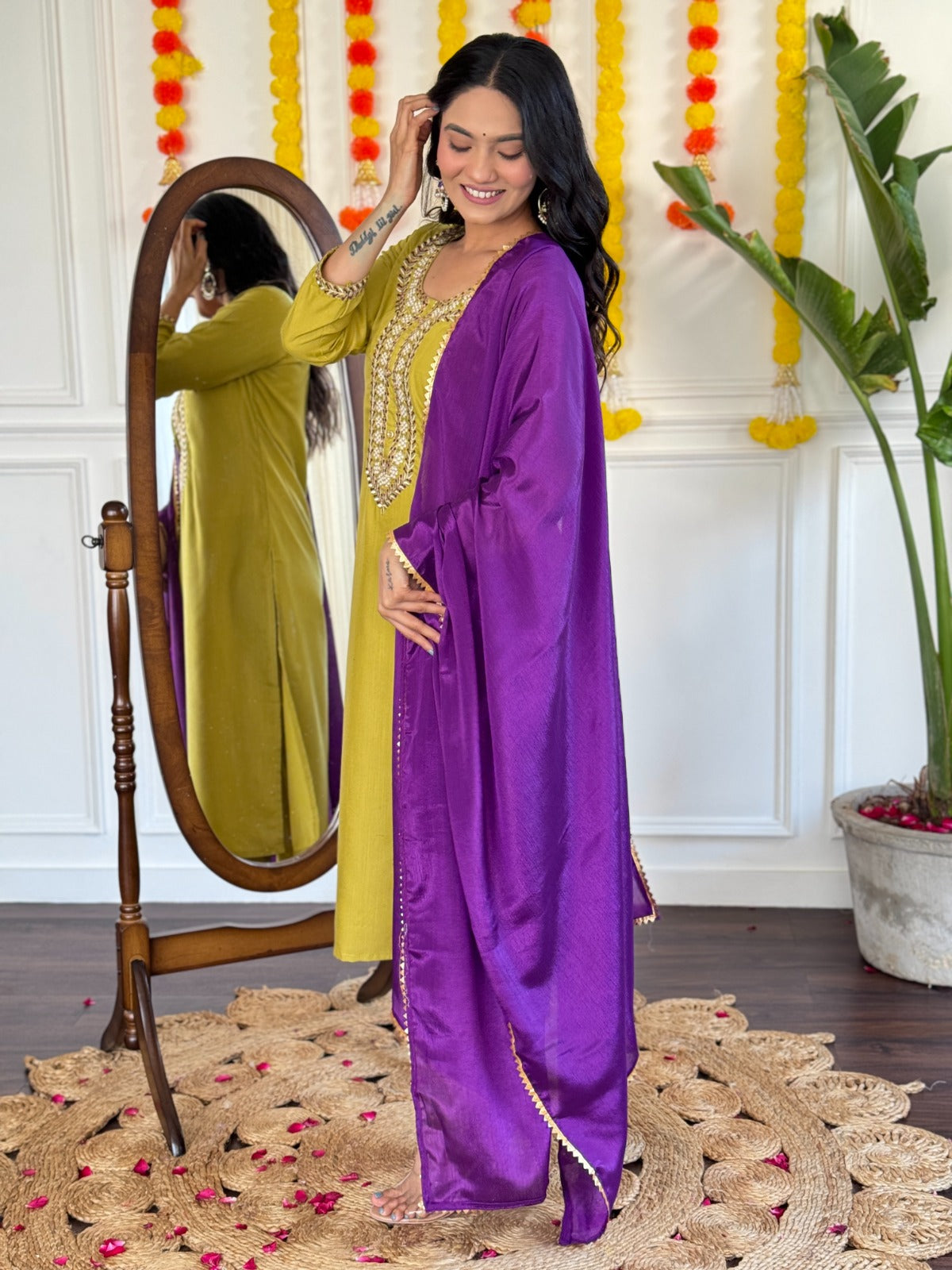 YELLOW COLOURED  WOMEN'S COTTON  EMBROIDERED  KURTA WITH PANT DUPATTA SET