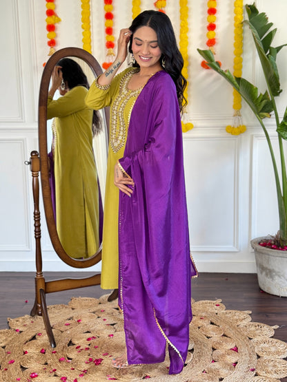 YELLOW COLOURED  WOMEN'S COTTON  EMBROIDERED  KURTA WITH PANT DUPATTA SET