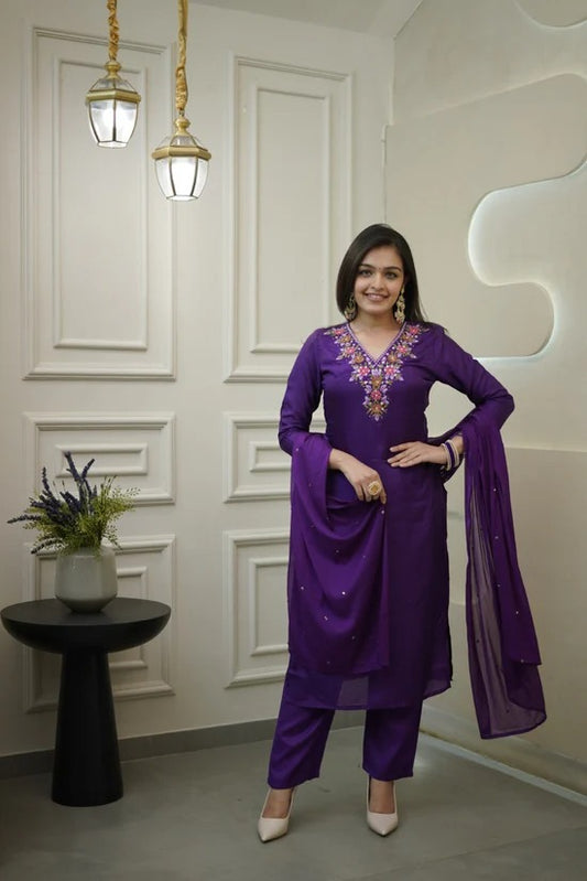DARK PURPLE COLOURED  WOMEN'S CHANDERI SILK   EMBROIDERED   KURTA  WITH PANT DUPATTA  SET