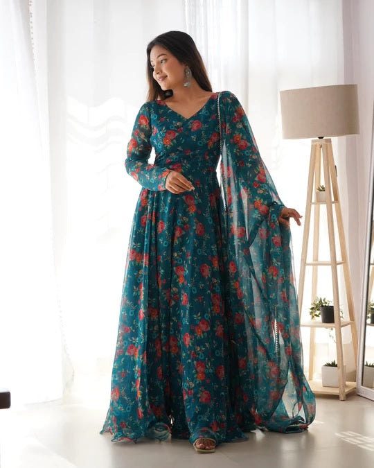 BLUE  COLOURED WOMEN'S TABBY PRINTED KURTA WITH  DUPATTA SET