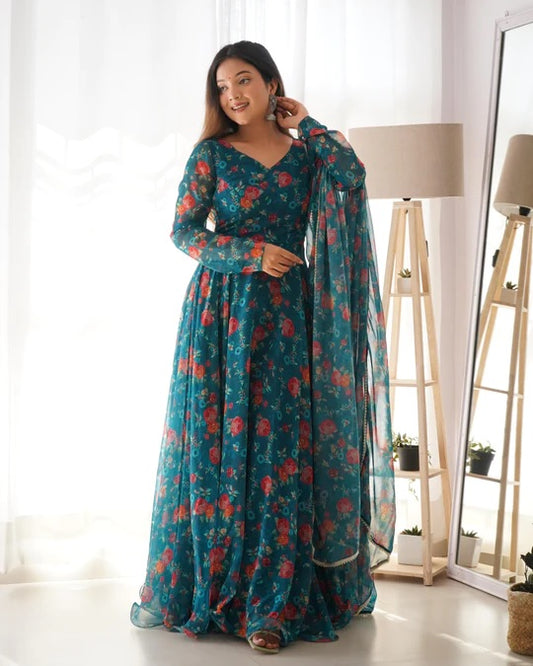 BLUE  COLOURED WOMEN'S TABBY PRINTED KURTA WITH  DUPATTA SET