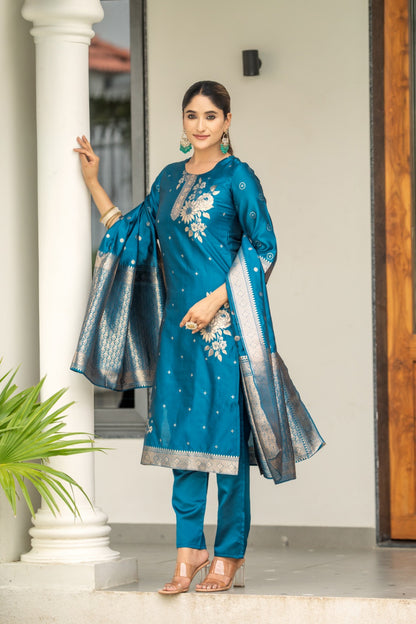 BLUE COLOURED WOMEN'S POLYSTER  KURTA WITH  DUPATTA SET