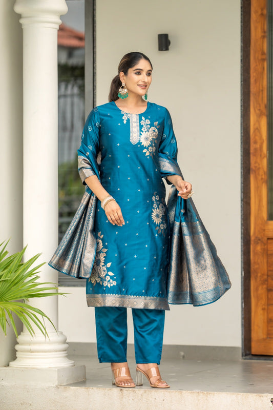 BLUE COLOURED WOMEN'S POLYSTER  KURTA WITH  DUPATTA SET