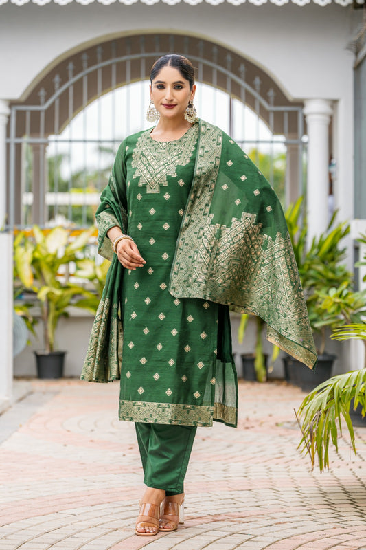 GREEN COLOURED  WOMEN'S POLYSTER  KURTA WITH  DUPATTA SET