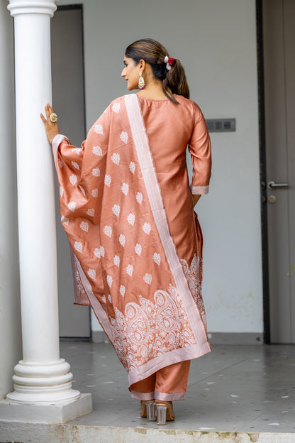 BROWN  COLOURED  WOMEN'S POLYSTER  KURTA WITH  DUPATTA SET