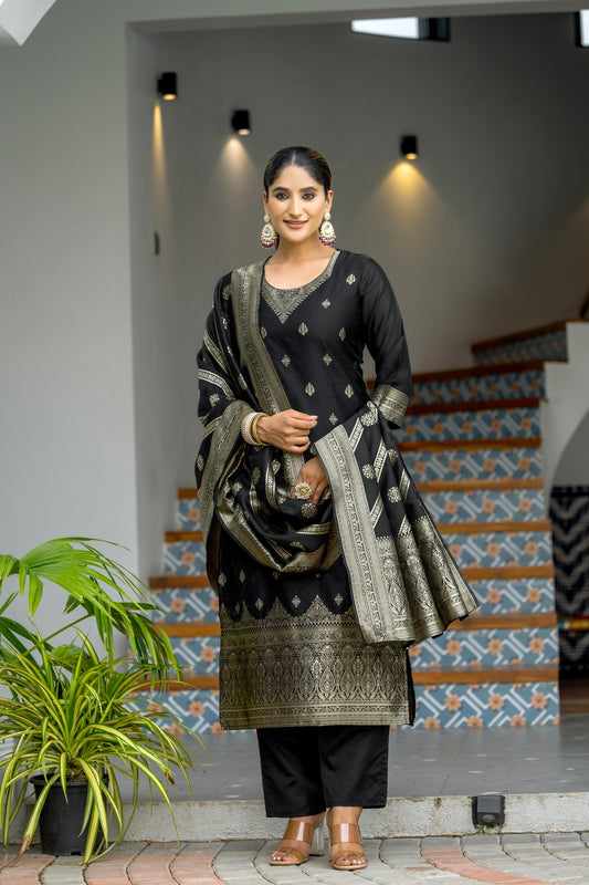 BLACK  COLOURED WOMEN'S POLYSTER  KURTA WITH  DUPATTA SET
