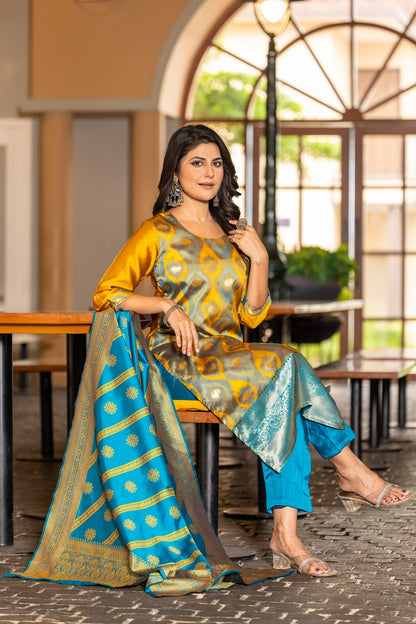 YELLOW   COLOURED  WOMEN'S POLYSTER  KURTA WITH  DUPATTA SET