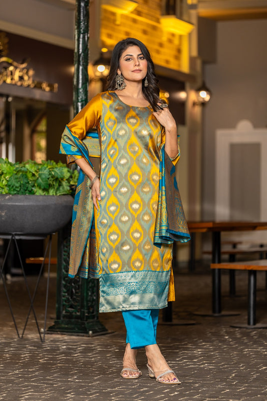 YELLOW   COLOURED  WOMEN'S POLYSTER  KURTA WITH  DUPATTA SET