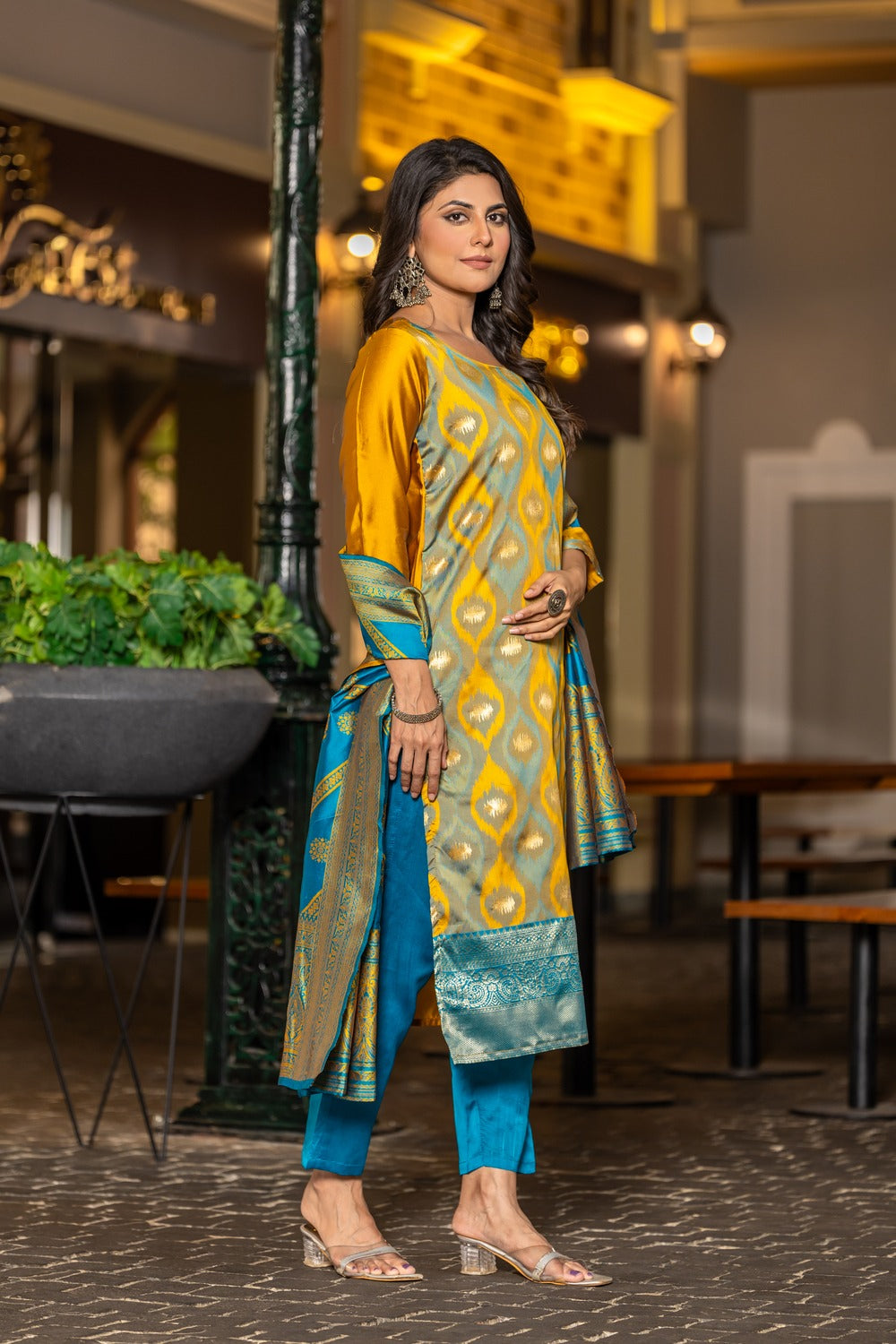 YELLOW   COLOURED  WOMEN'S POLYSTER  KURTA WITH  DUPATTA SET