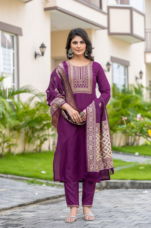 WINE COLOURED  WOMEN'S POLYSTER  KURTA WITH  DUPATTA SET