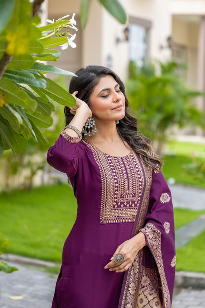 WINE COLOURED  WOMEN'S POLYSTER  KURTA WITH  DUPATTA SET