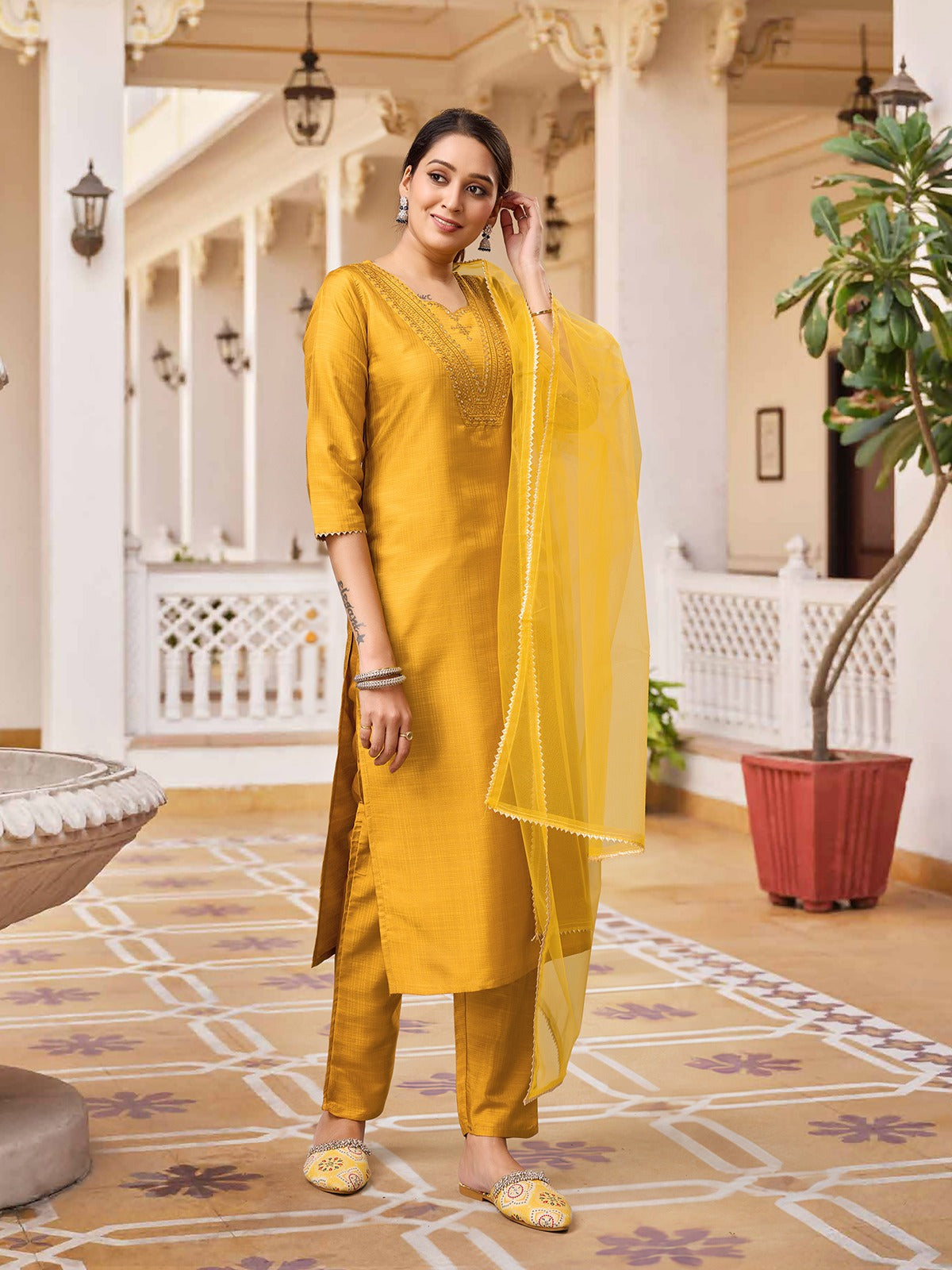 YELLOW COLOURED  WOMEN'S  RAYON SILK  KURTA WITH  DUPATTA SET