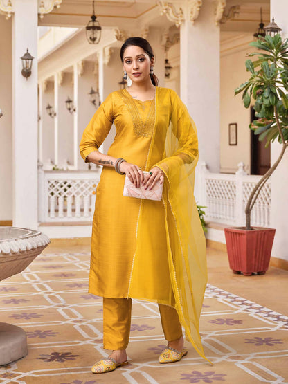 YELLOW COLOURED  WOMEN'S  RAYON SILK  KURTA WITH  DUPATTA SET