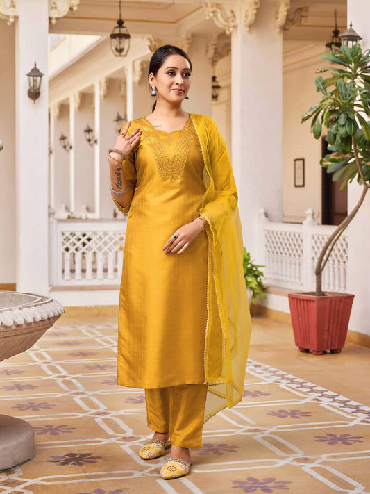 YELLOW COLOURED  WOMEN'S  RAYON SILK  KURTA WITH  DUPATTA SET