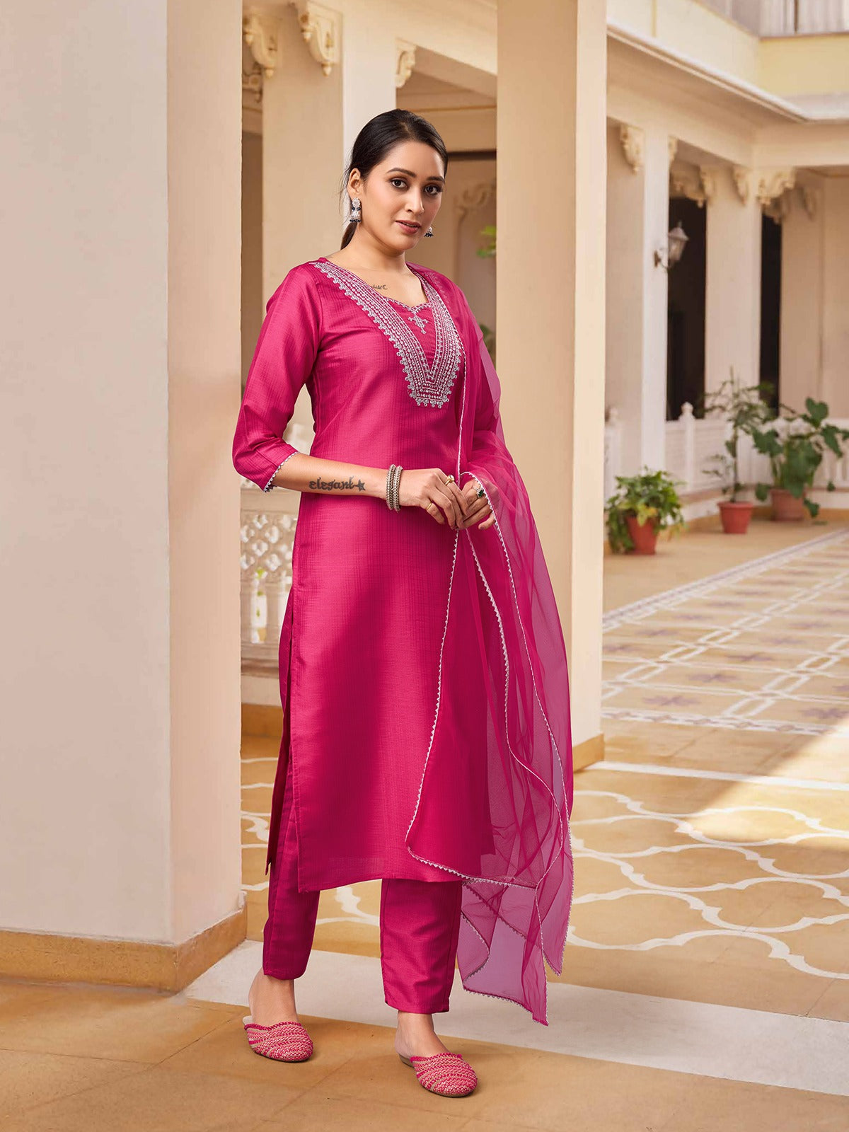 PINK  COLOURED  WOMEN'S  RAYON SILK  KURTA WITH  DUPATTA SET