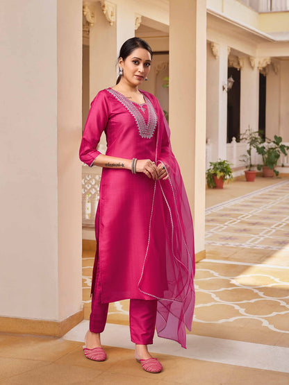 PINK  COLOURED  WOMEN'S  RAYON SILK  KURTA WITH  DUPATTA SET